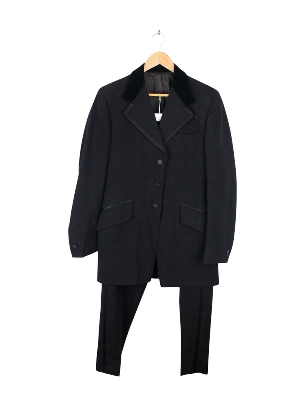 Vintage 70s Mod‎ Black Velvet Collar Tuxedo Suit Mens 40L Satin Stripe Formal